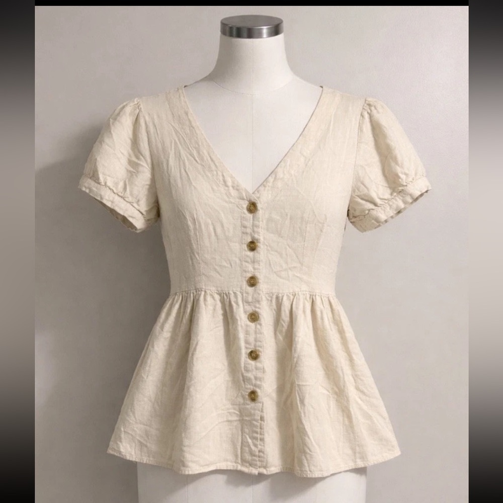 JODIFL Cream V-Neck Button Front Peplum Linen Blend Blouse